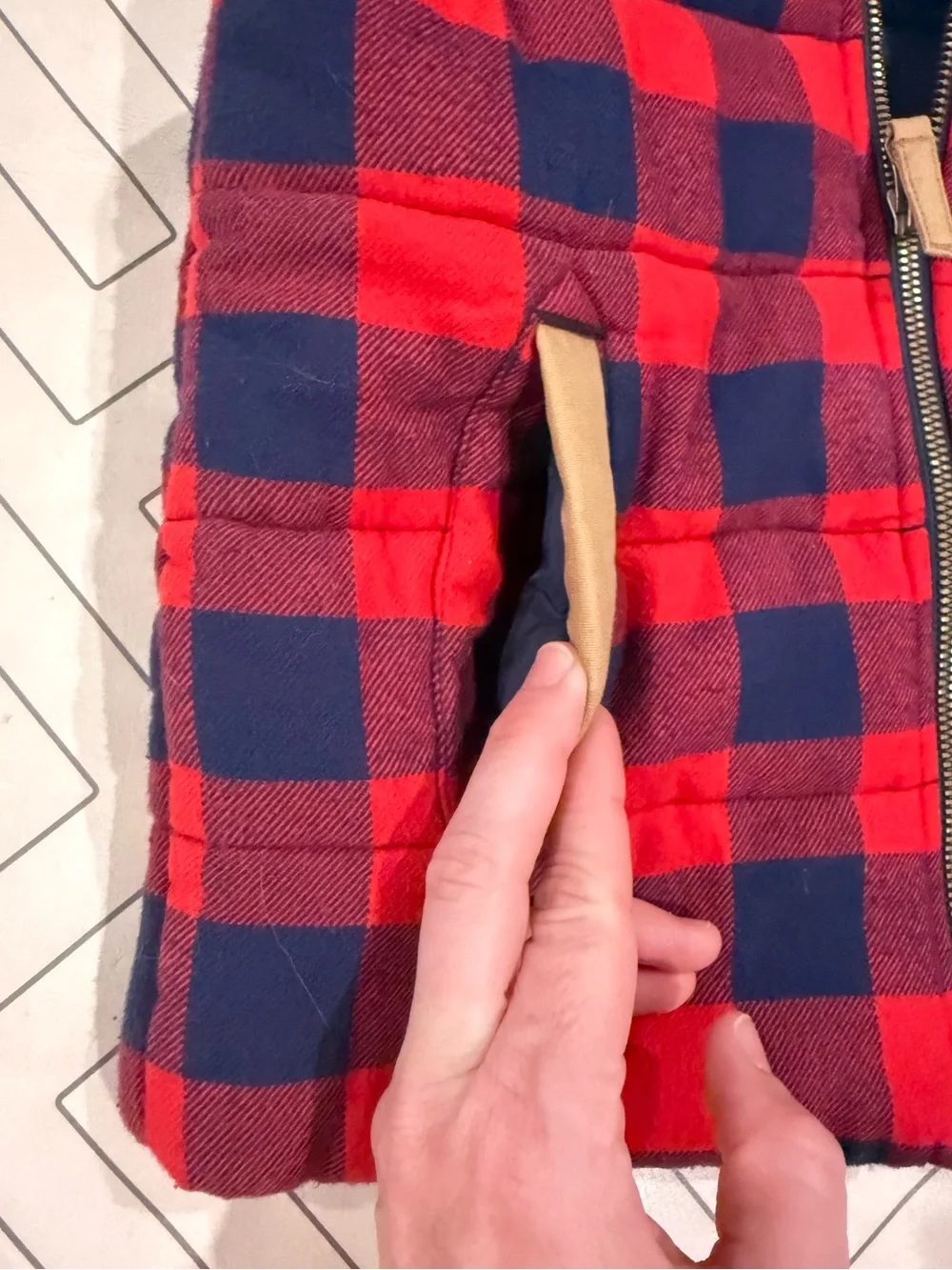 Hana Andersson Navy and Red Plaid Hooded Vest